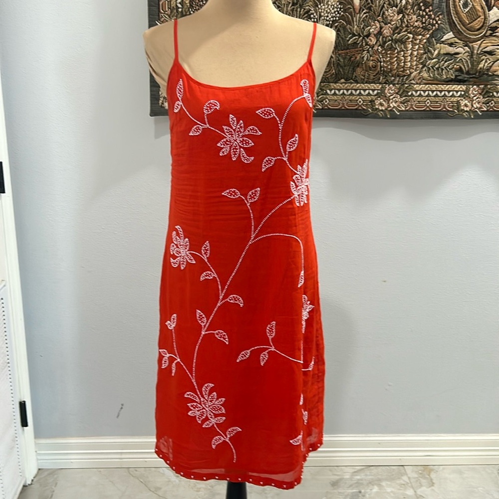 French Connection Beaded Orange Spaghetti Strap Dress. Chiffon Layer Lining. 6